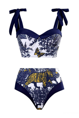 Bikini-Set mit hoher Taille, Bügeln, Herzausschnitt und Bindebändern an den Schultern und Tiger-Print