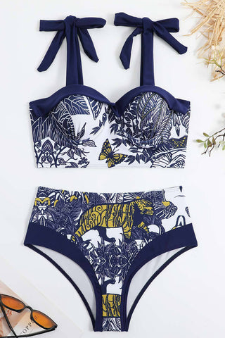 Bikini-Set mit hoher Taille, Bügeln, Herzausschnitt und Bindebändern an den Schultern und Tiger-Print