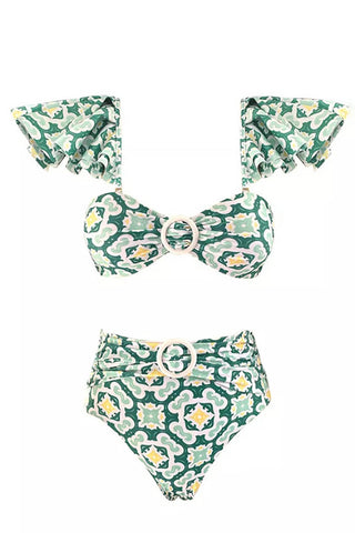 Conjunto de bikini de cintura alta con hombros fruncidos y escote en forma de corazón con flores y detalle de aro