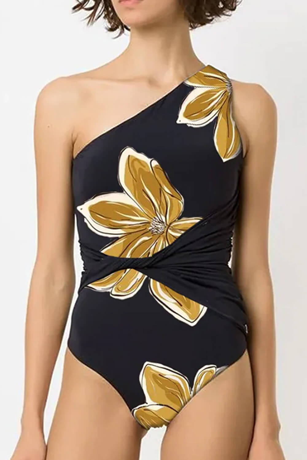 Floral Twist-Detail One Shoulder One Piece Swimsuit