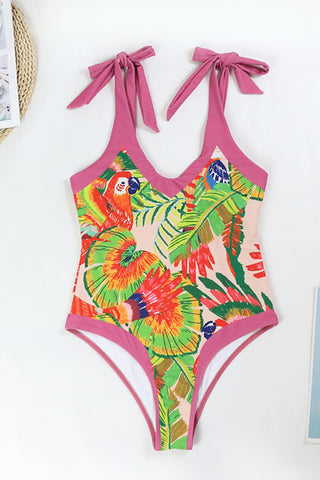 Macaw Leaves Print Plunge Tie-Shoulder One Piece Swimsuit