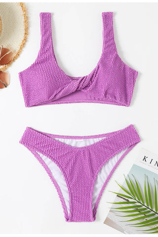 Conjunto de bikini de pierna alta, corto, con fruncido en la parte delantera y fruncido - Rosa/lima/lila/blanco/negro