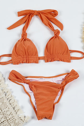 Triangel-Bikiniset mit geknotetem Scrunch-Back und Rüschendetail - Orange/Militärgrün