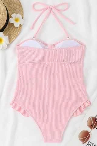 Traje de baño de una pieza sin tirantes con volantes y nudo arrugado en la parte delantera: rosa bebé, rosa fuerte, lila, lima y naranja