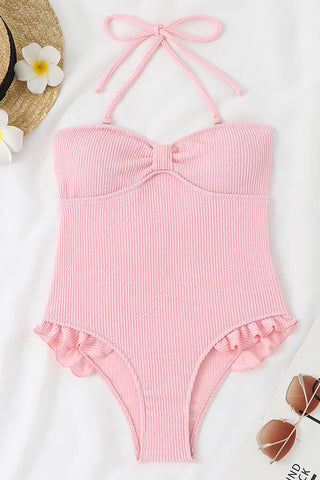 Traje de baño de una pieza sin tirantes con volantes y nudo arrugado en la parte delantera: rosa bebé, rosa fuerte, lila, lima y naranja