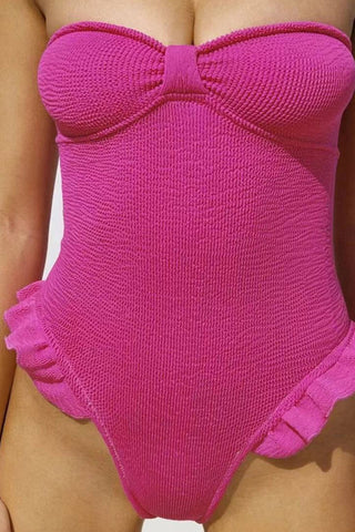 Traje de baño de una pieza sin tirantes con volantes y nudo arrugado en la parte delantera: rosa bebé, rosa fuerte, lila, lima y naranja