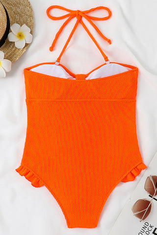 Traje de baño de una pieza sin tirantes con volantes y nudo arrugado en la parte delantera: rosa bebé, rosa fuerte, lila, lima y naranja