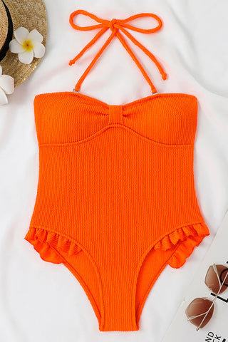 Traje de baño de una pieza sin tirantes con volantes y nudo arrugado en la parte delantera: rosa bebé, rosa fuerte, lila, lima y naranja