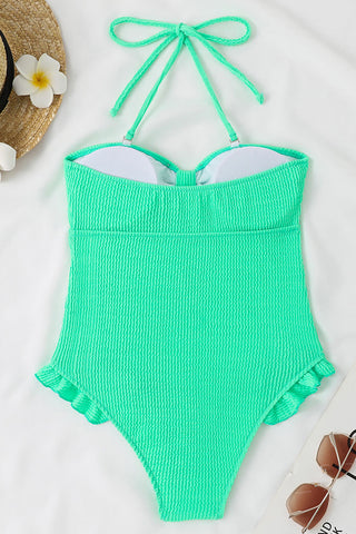 Traje de baño de una pieza sin tirantes con volantes y nudo arrugado en la parte delantera: rosa bebé, rosa fuerte, lila, lima y naranja