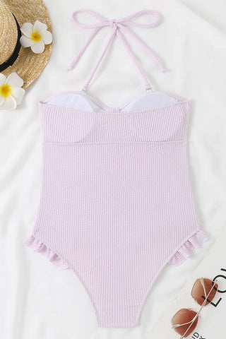 Traje de baño de una pieza sin tirantes con volantes y nudo arrugado en la parte delantera: rosa bebé, rosa fuerte, lila, lima y naranja