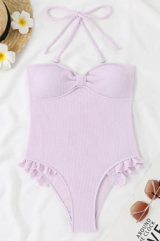 Traje de baño de una pieza sin tirantes con volantes y nudo arrugado en la parte delantera: rosa bebé, rosa fuerte, lila, lima y naranja