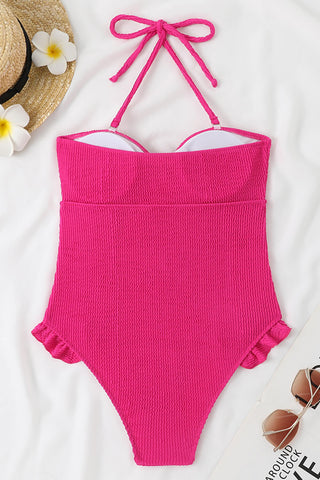 Traje de baño de una pieza sin tirantes con volantes y nudo arrugado en la parte delantera: rosa bebé, rosa fuerte, lila, lima y naranja