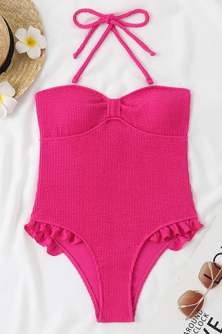 Traje de baño de una pieza sin tirantes con volantes y nudo arrugado en la parte delantera: rosa bebé, rosa fuerte, lila, lima y naranja