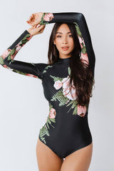 Floral Print Long Sleeve Open Back One Piece Swimsuit
