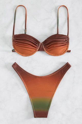 Bikini de corte alto con aros y diseño balconette ombré - Marrón