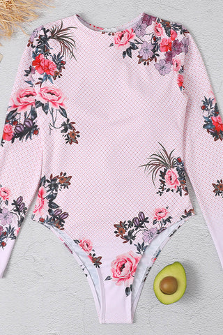 Traje de baño de una pieza de manga larga y cuello alto con estampado floral vintage
