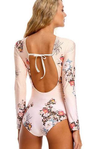 Traje de baño de una pieza de manga larga y cuello alto con estampado floral vintage