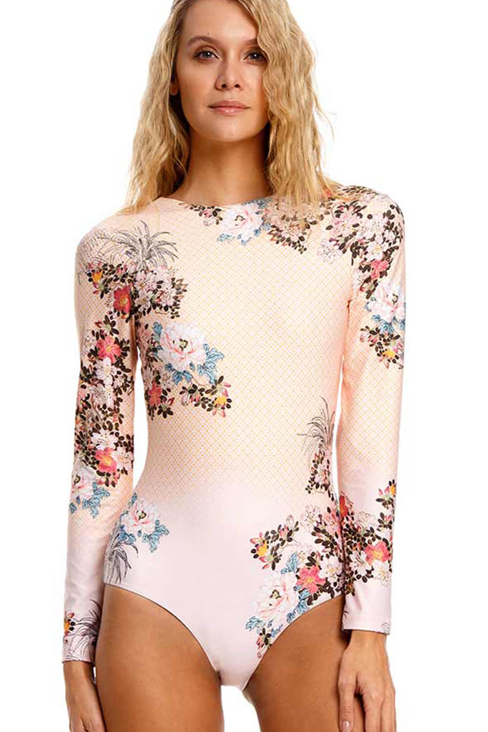 Traje de baño de una pieza de manga larga y cuello alto con estampado floral vintage
