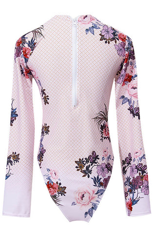 Traje de baño de una pieza de manga larga y cuello alto con estampado floral vintage