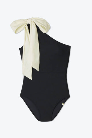 Traje de baño de una pieza asimétrico con lazo en los hombros en color negro