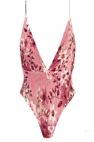 Floral Print Crinkle Plunge One Piece Swimsuit