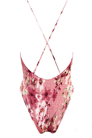 Floral Print Crinkle Plunge One Piece Swimsuit