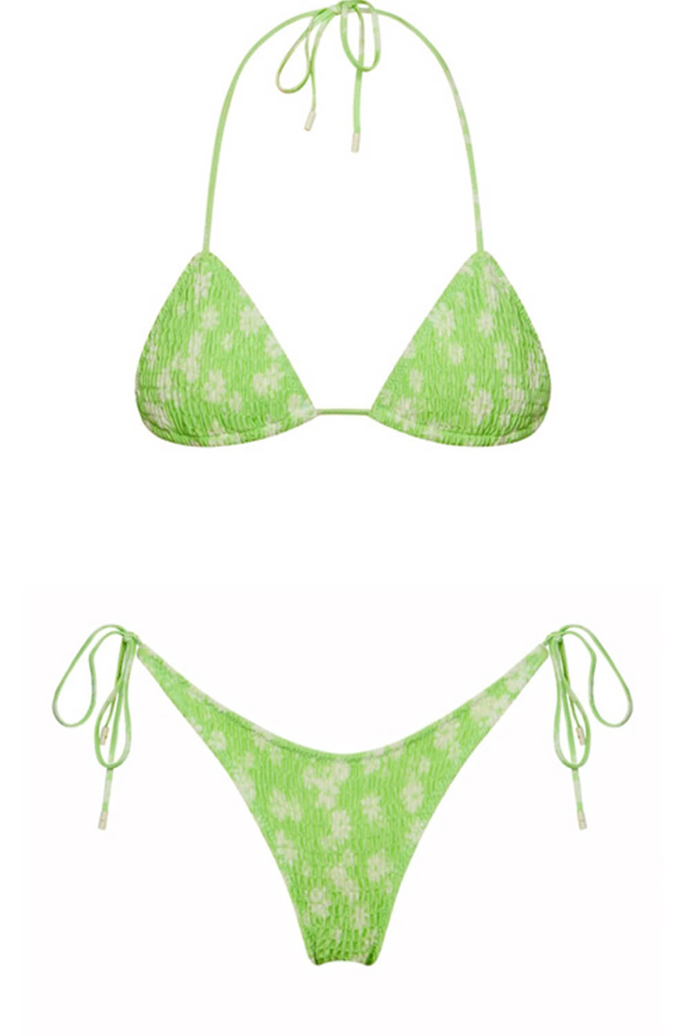 Conjunto de bikini con cuello halter y lazos laterales con estampado floral color lima