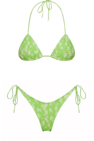 Conjunto de bikini con cuello halter y lazos laterales con estampado floral color lima
