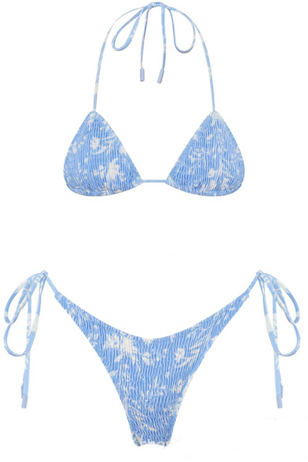 Light Blue Leaves Print Crinkle Halter Tie Side Bikini Set