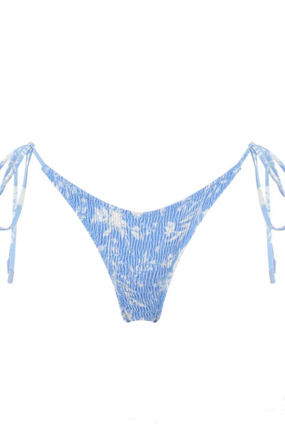 Light Blue Leaves Print Crinkle Halter Tie Side Bikini Set
