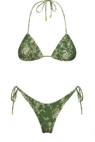 Conjunto de bikini con cuello halter y lazos laterales con estampado floral verde