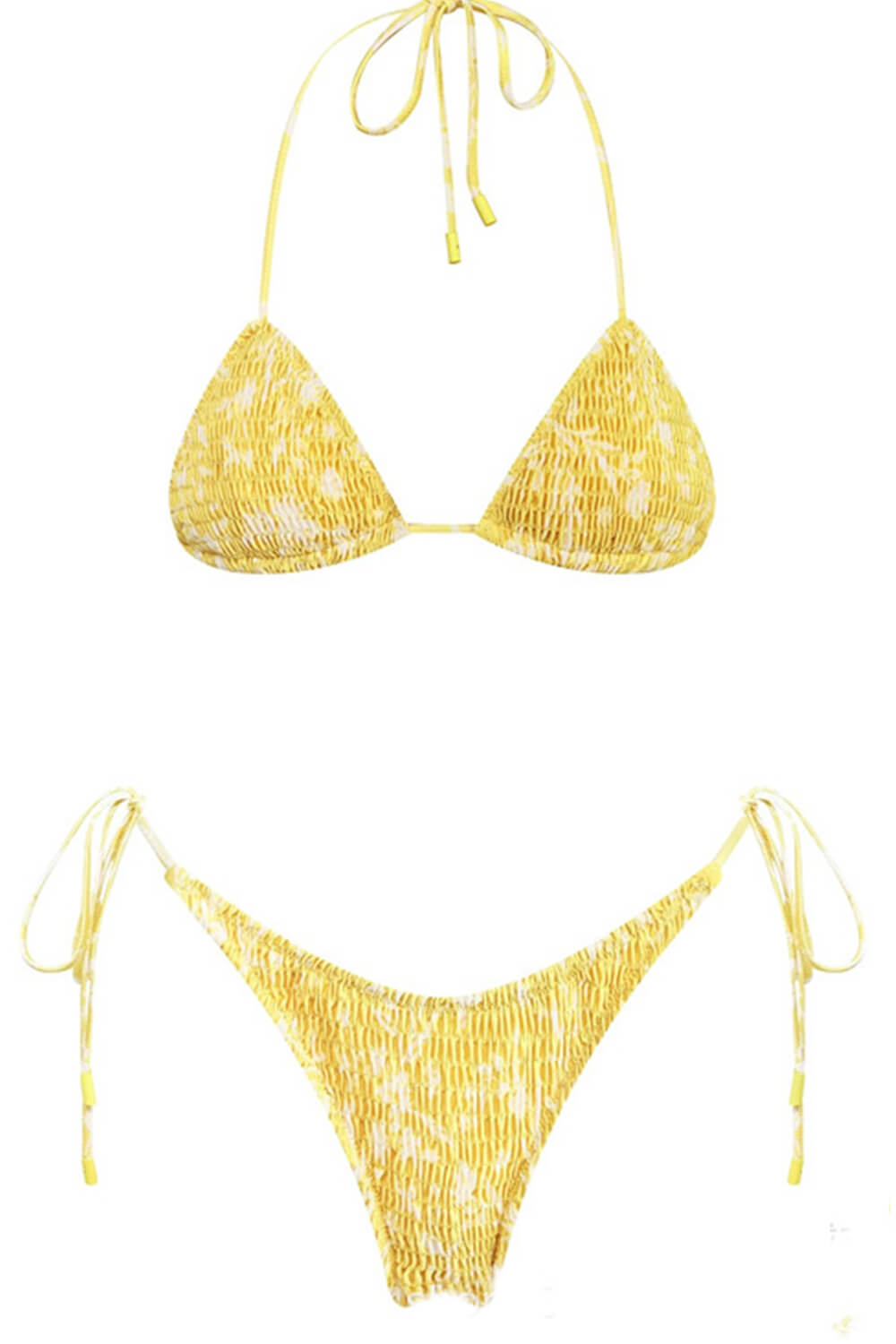 Yellow Floral Crinkle Halter Tie Side Bikini Set
