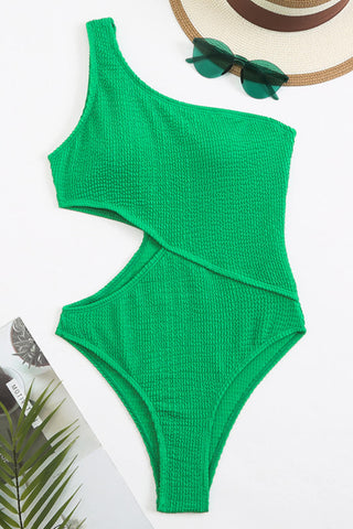 Traje de baño de una pieza de un solo hombro con cortes arrugados: negro, verde, ciruela, salmón, verde neón, azul claro y rojo