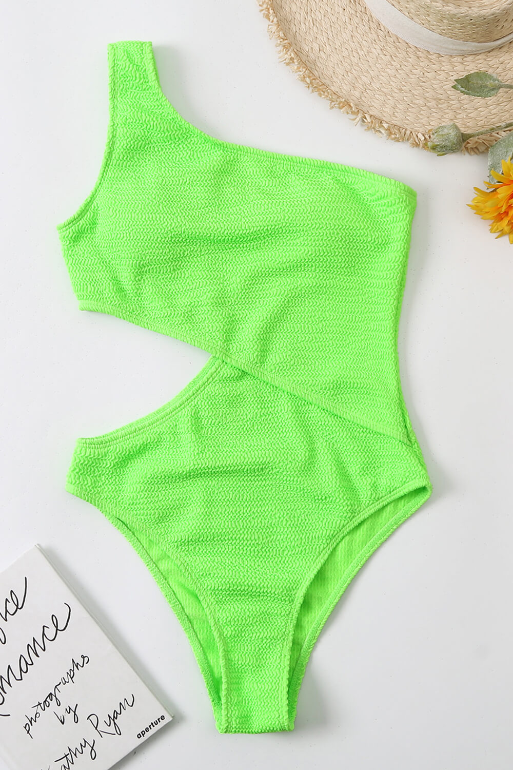 Crinkle Cut-Out One-Shoulder One Piece Swimsuit - Black/Green/Plum/Salmon/Neon Green/Light Blue/Red