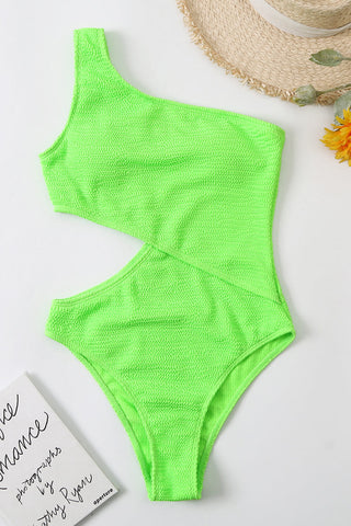 Traje de baño de una pieza de un solo hombro con cortes arrugados: negro, verde, ciruela, salmón, verde neón, azul claro y rojo