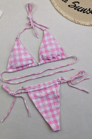 Flowers Print Halter Triangle Tie Side Bikini Set With Ring Detailing