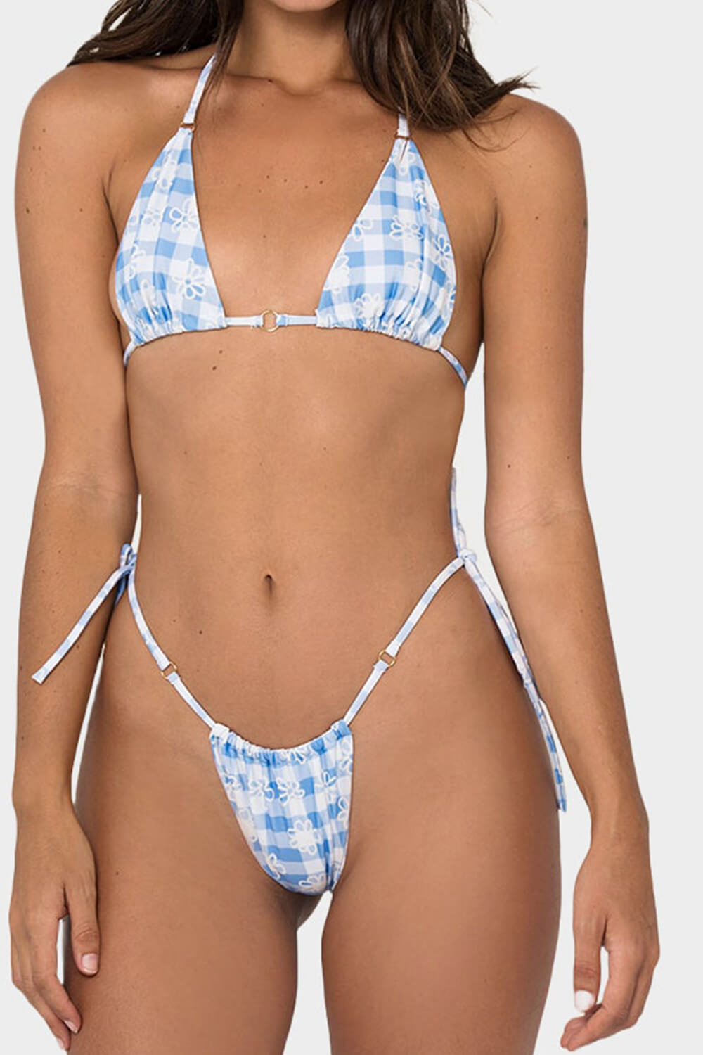 Flowers Print Halter Triangle Tie Side Bikini Set With Ring Detailing