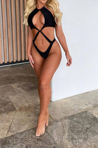 Criss Cross Cut-Out Halterneck One Piece Swimsuit
