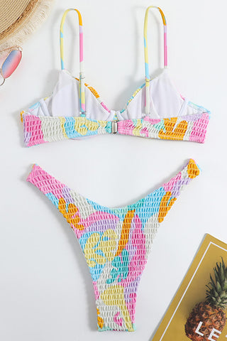 Balconette-Bikiniset mit hohem Ausschnitt und Bügel, Cannes-Print, Crinkle-Effekt und Rüschen