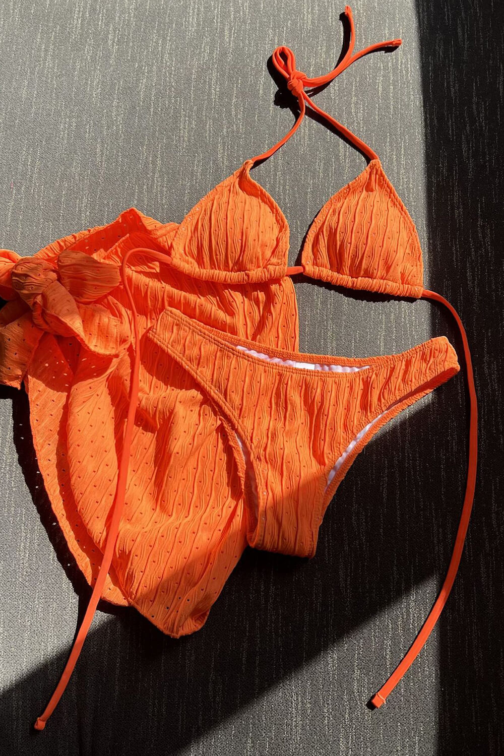 Wave Textured Triangle Halter High Leg Bikini Set With Side Tie Sarong Skirt
