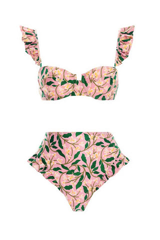 Bikini de talle alto con aros y estampado floral con volantes - Flores verdes y blancas
