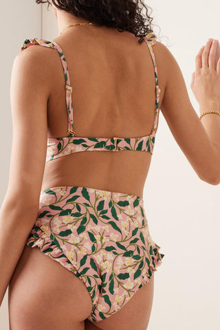 Bikini de talle alto con aros y estampado floral con volantes - Flores verdes y blancas