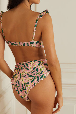 Bikini de talle alto con aros y estampado floral con volantes - Flores verdes y blancas