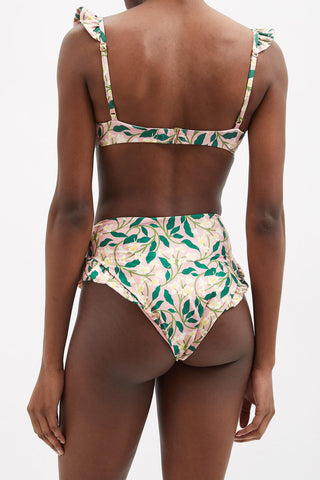 Bikini de talle alto con aros y estampado floral con volantes - Flores verdes y blancas