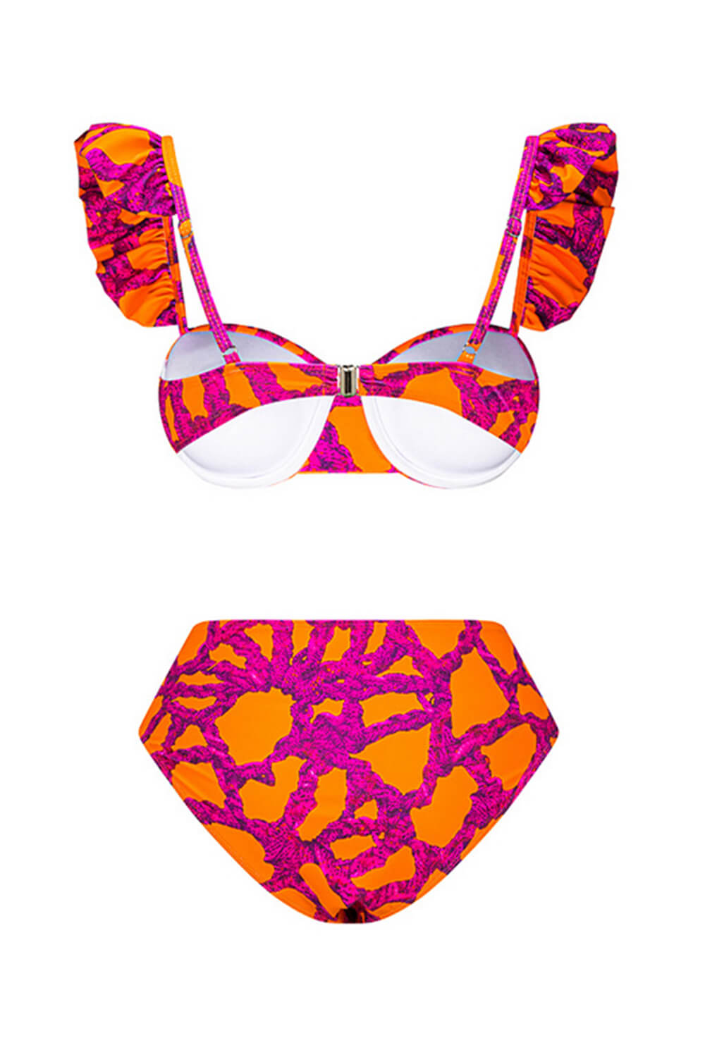 Ruffled Floral-Print Underwire High-Wasit Bikini Set - Red And Orange Flowers