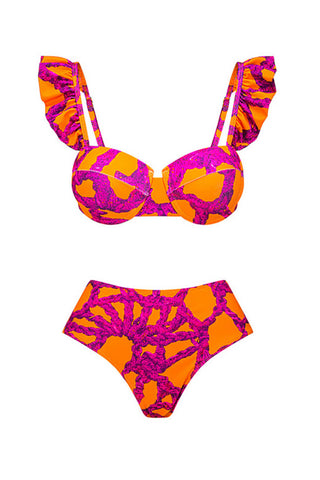 Ruffled Floral-Print Underwire High-Wasit Bikini Set - Red And Orange Flowers