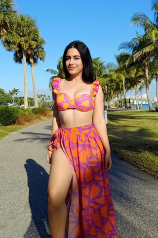 Ruffled Floral-Print Underwire High-Wasit Bikini Set - Red And Orange Flowers