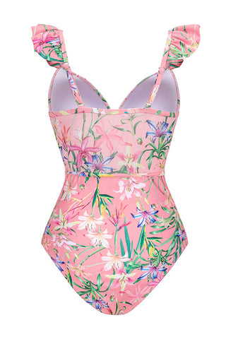 Traje de baño de una pieza con escote pronunciado y aros con estampado floral y volantes