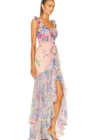 Traje de baño de una pieza con escote pronunciado y aros con estampado floral y volantes