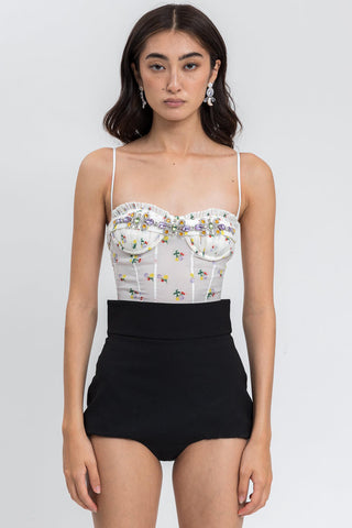 Floral-Print Ruffled Trim Ruched Underwire One Piece Swimsuit With Crystal Embroidered Detailing